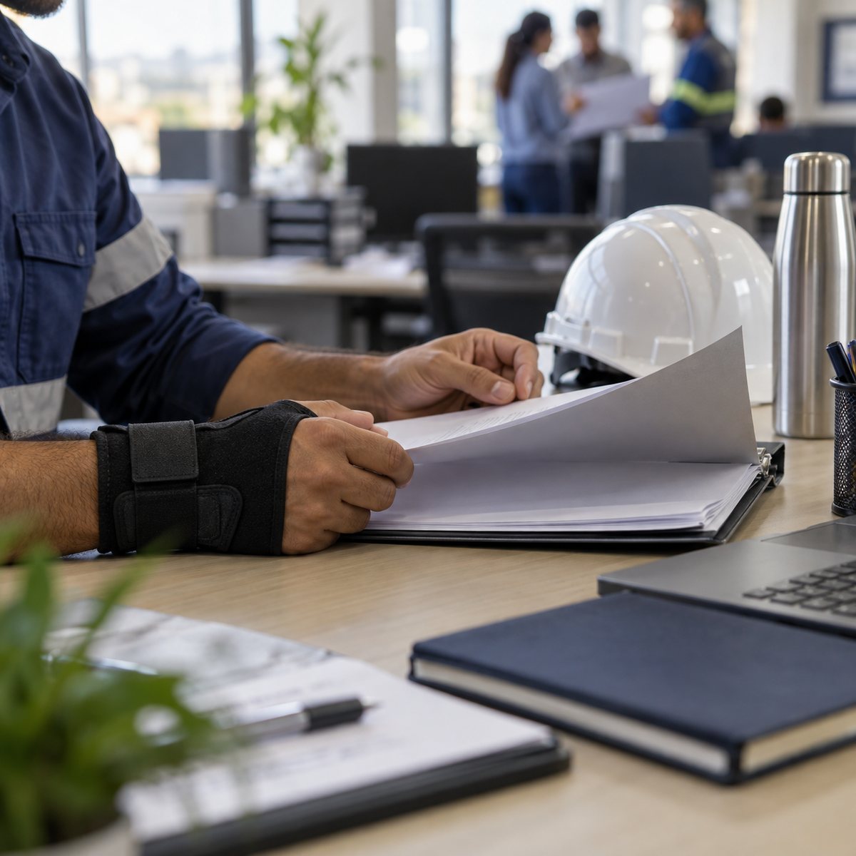 Trabalhador com apoio no punho revendo documentos de acidente em ambiente de trabalho