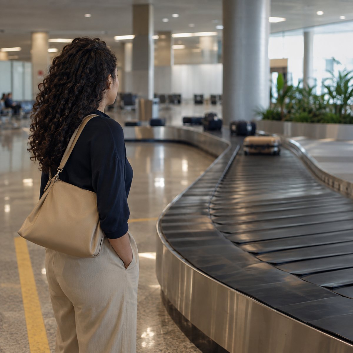 Viajante espera com mala junto à esteira de bagagens de um aeroporto.