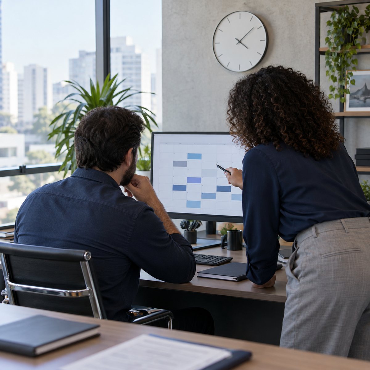 Gestores conferindo calendário de jornadas e banco de horas em tela de computador