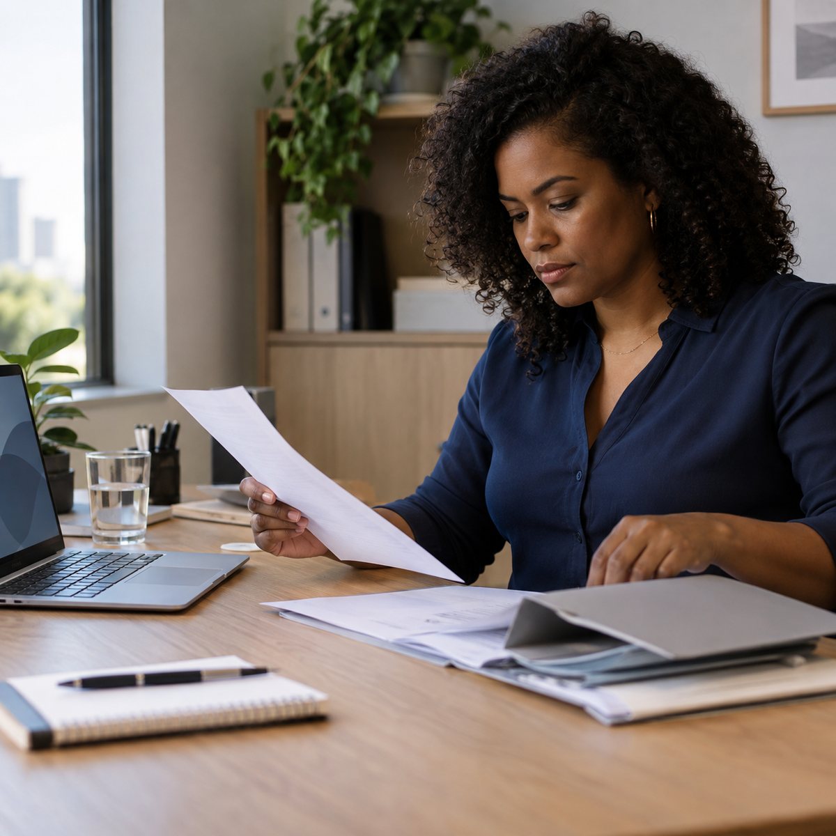 Empresária analisa papéis financeiros em mesa de escritório.