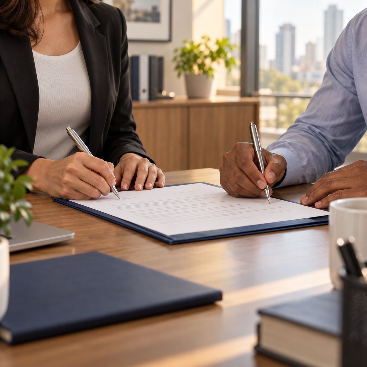 Profissionais assinando contrato de experiência em escritório brasileiro