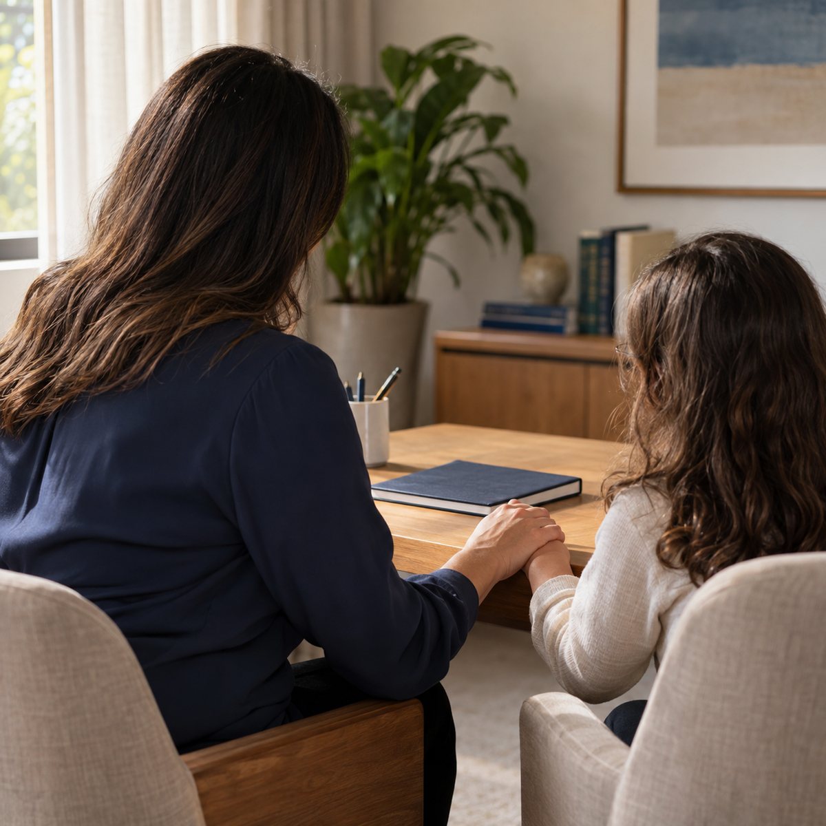 Mãe e criança vistas de costas, com as mãos unidas em gesto de acolhimento.