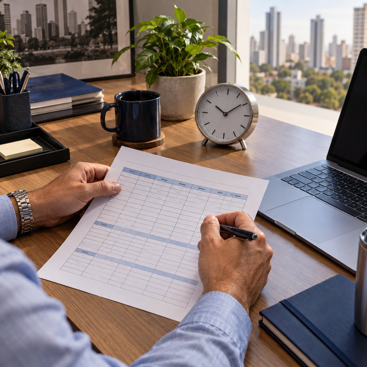 Relógio e registros de jornada em mesa de trabalho