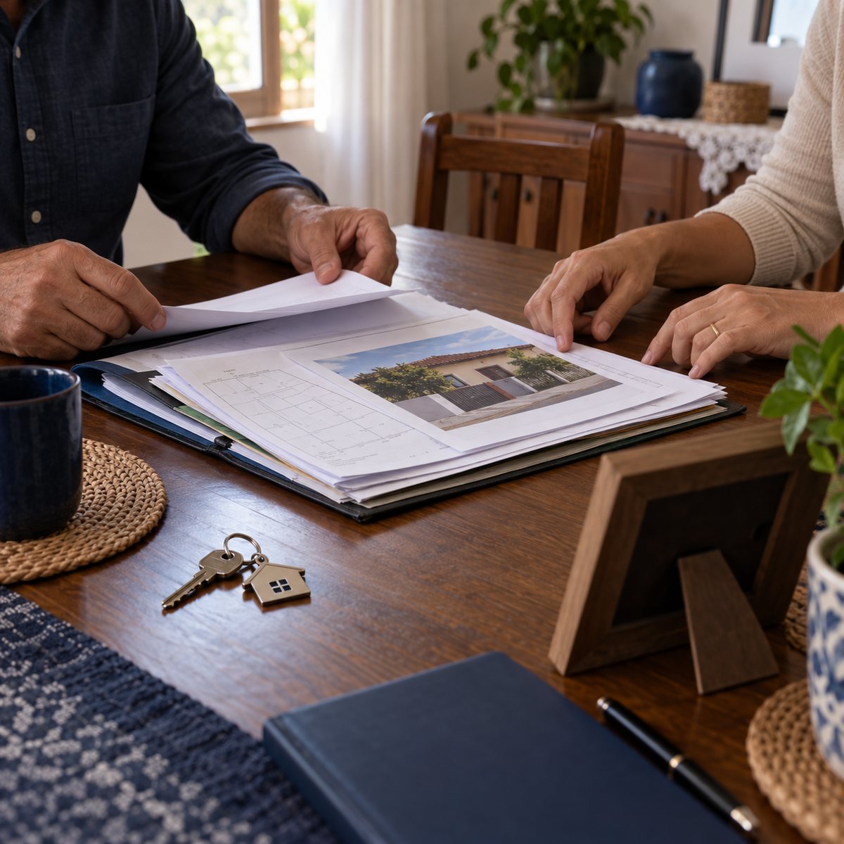 Familiares organizam documentos de um imóvel em uma mesa de casa.