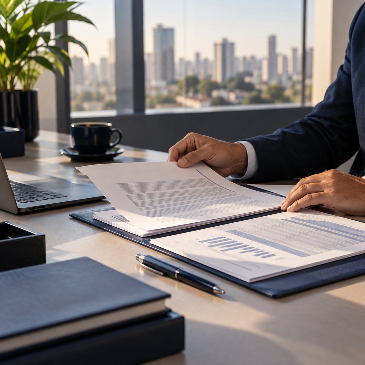Documentos de contrato de trabalho e extrato do FGTS sobre mesa de escritório