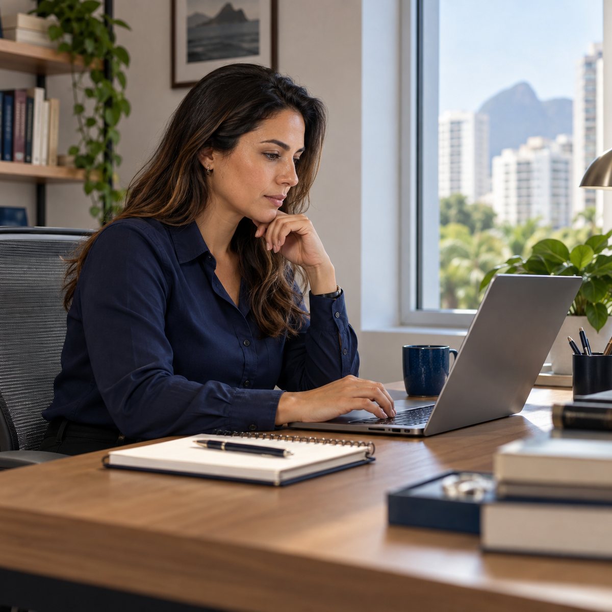 Profissional trabalha em home office organizado próximo a uma janela