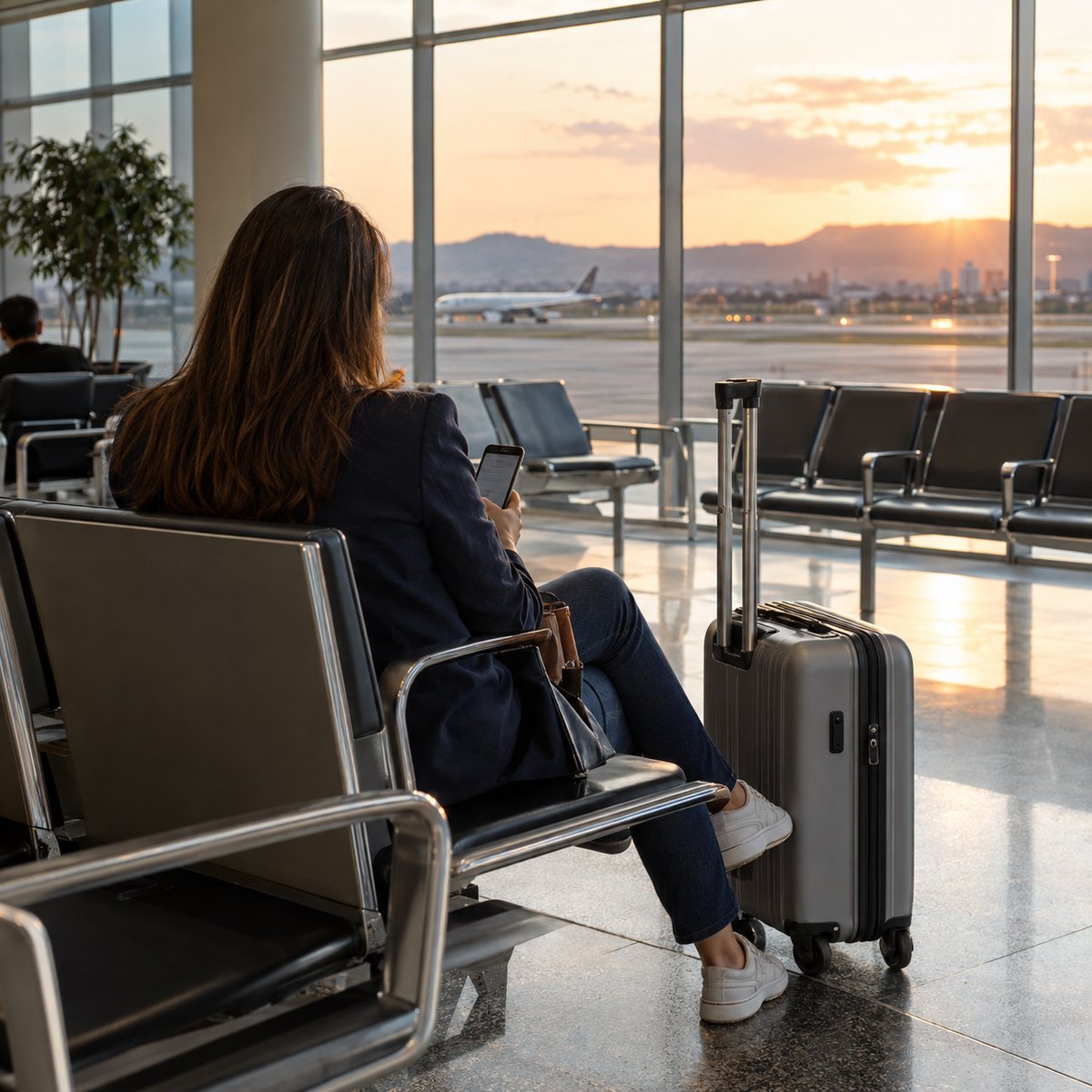 Viajante sentada com mala diante da pista de um aeroporto.